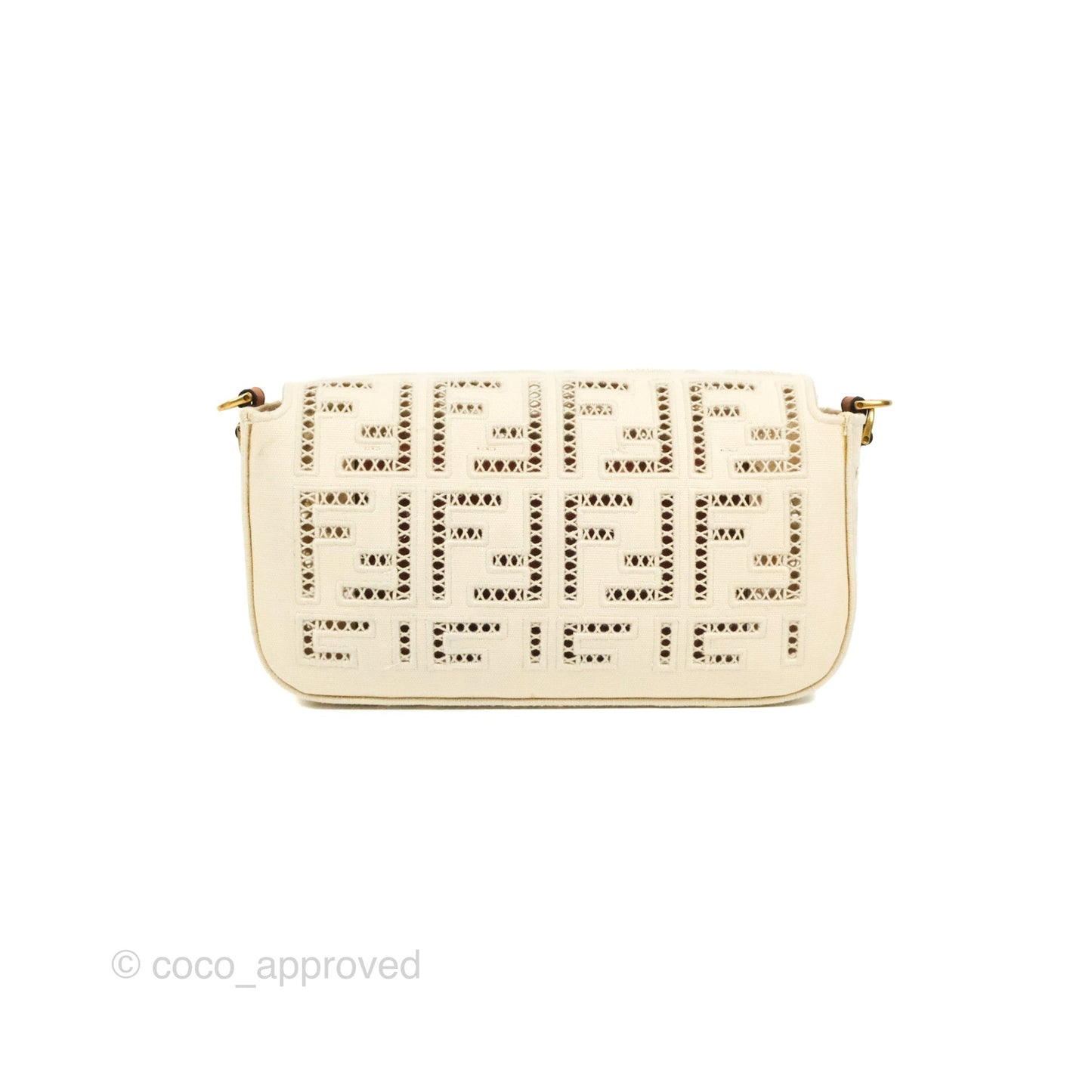 Fendi Medium FF Ajour Embroidery Baguette Bag Ivory Canvas