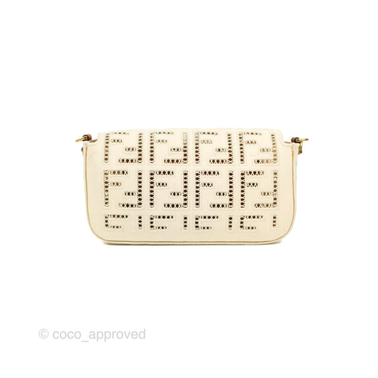 Fendi Medium FF Ajour Embroidery Baguette Bag Ivory Canvas