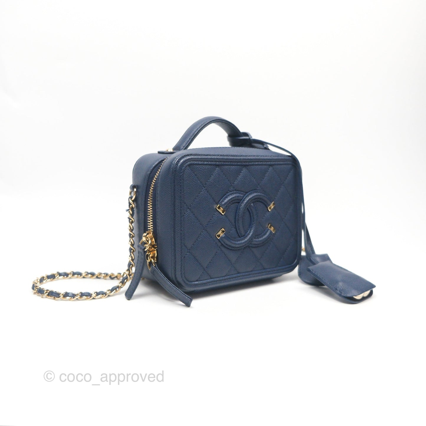 Chanel Quilted Small CC Filigree Vanity Case Navy Caviar Gold Hardware