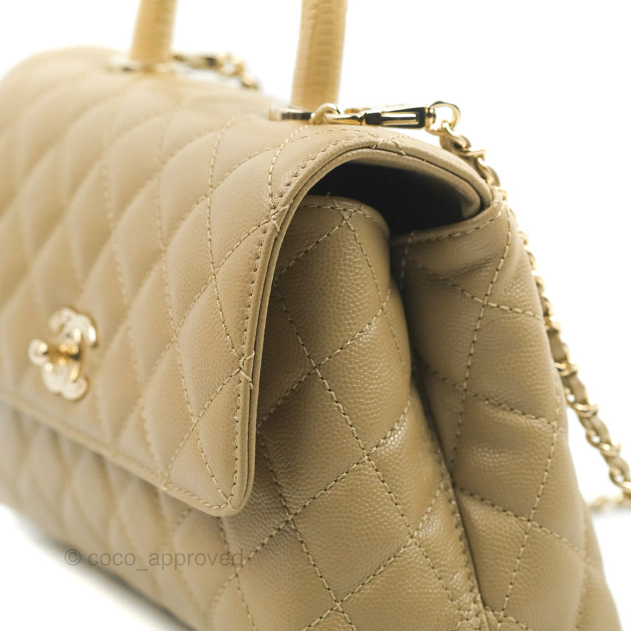 Chanel Small Coco Handle Quilted Dark Beige Caviar Gold Hardware Lizard Handle