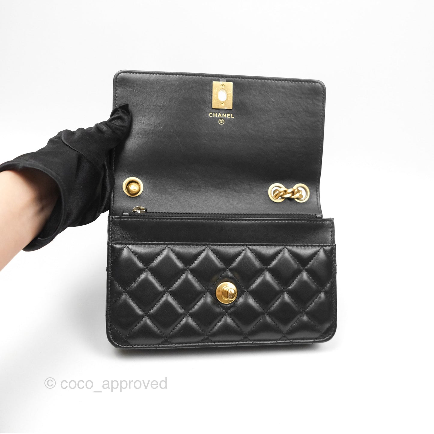 Chanel All Slide Wallet on Chain WOC Adjustable Chain Quilted Black Lambskin 22K