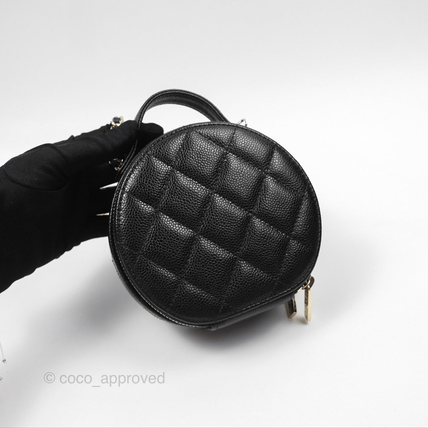 Chanel Mini Round Vanity Bag Handle With Care Black Caviar Gold Hardware