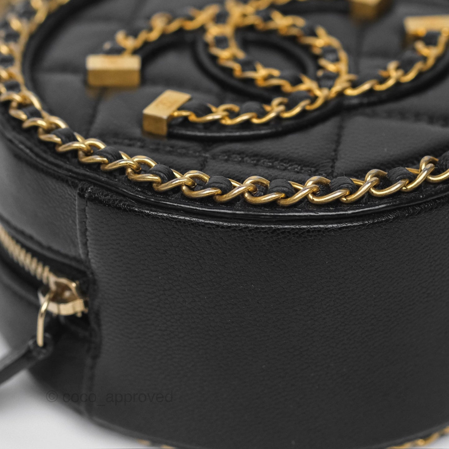 Chanel Chained Round Filigree Clutch With Chain Black Lambskin Gold Hardware