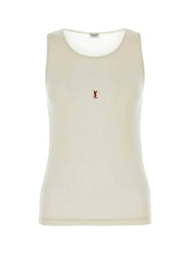 Luxury Saint Laurent Cassandre Embroidered Logo Wool Sleeveless White