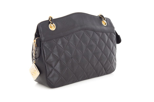 Luxury Chanel Vintage Black Quilted Medallion Zip Tote  Shoulder Bag