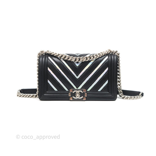 Chanel Medium Boy Chevron Iridescent PVC Lambskin Black Silver Hardware