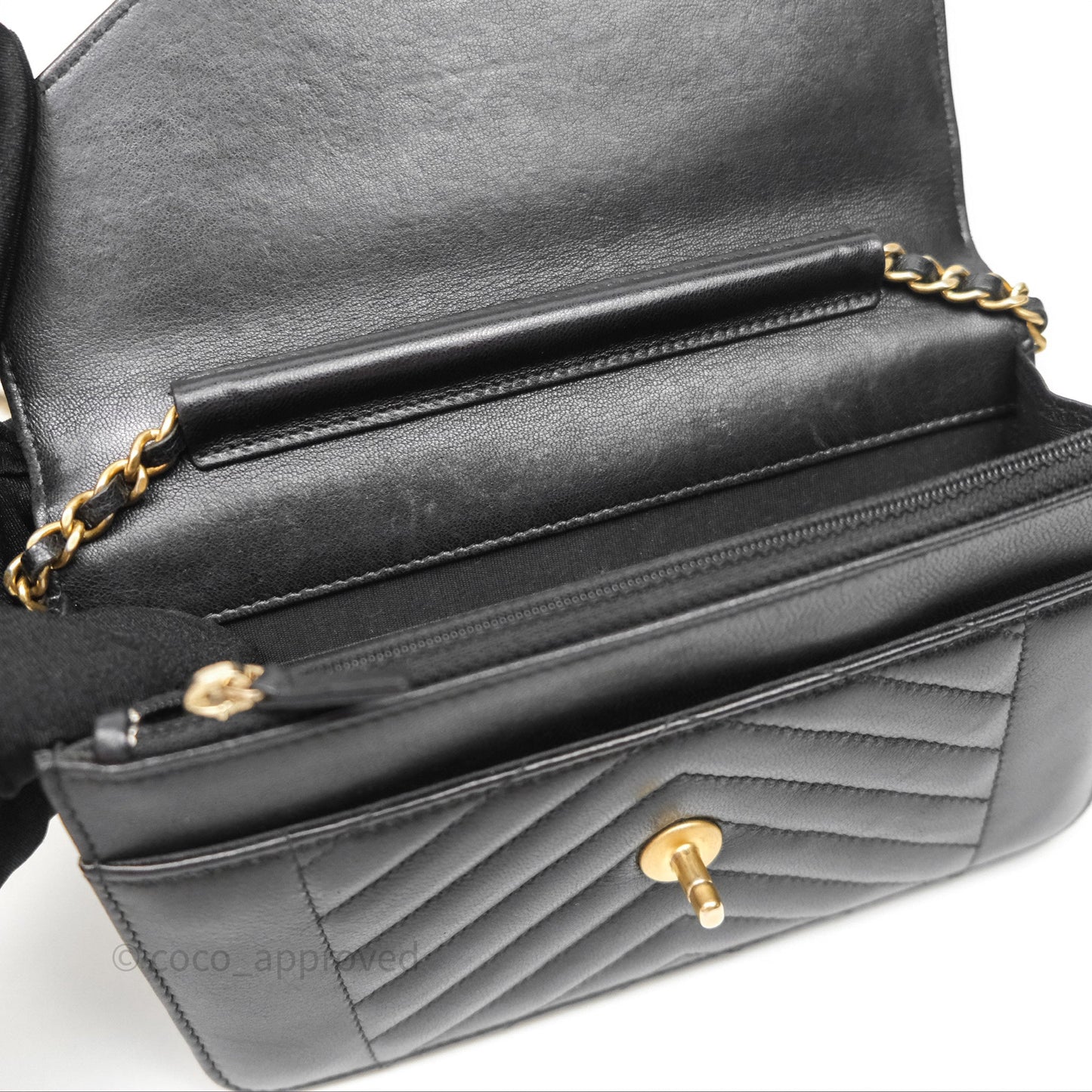 Chanel Reversed Chevron Wallet On Chain WOC Black Lambskin Aged Gold Hardware