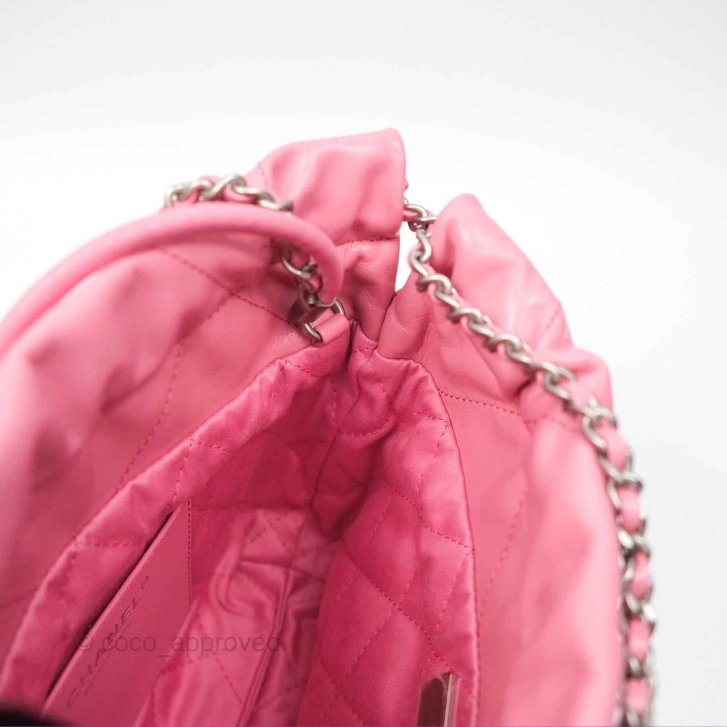 Chanel 22 Mini Bag Pink Crumpled Calfskin Aged Silver Hardware