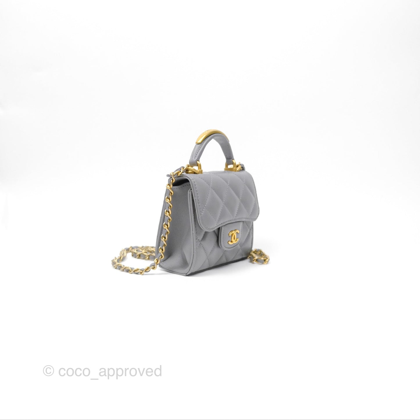 Chanel Mini Metal Handle Clutch With Chain Grey Lambskin Gold Hardware