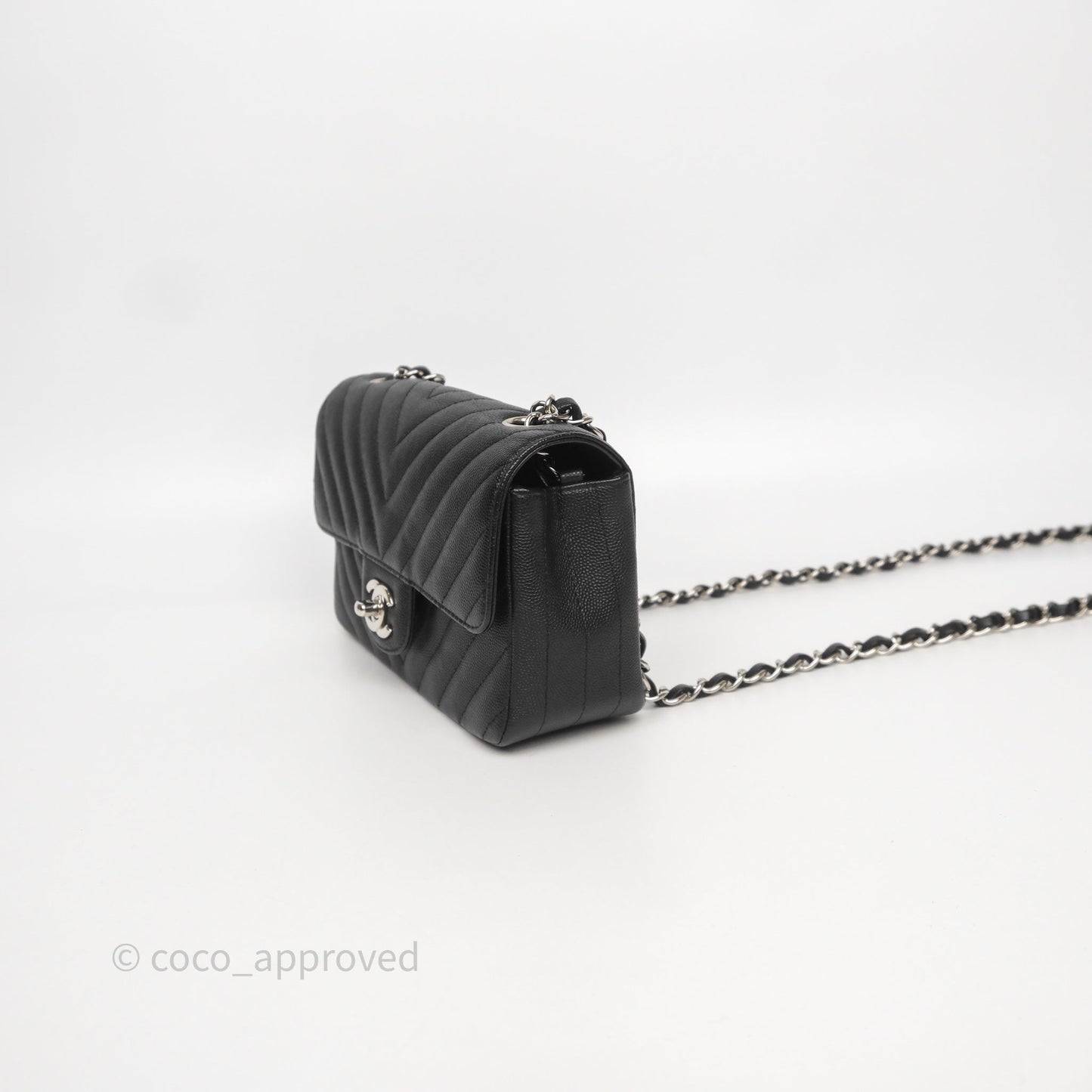 Chanel Mini Rectangular Flap Chevron Black Caviar Silver Hardware