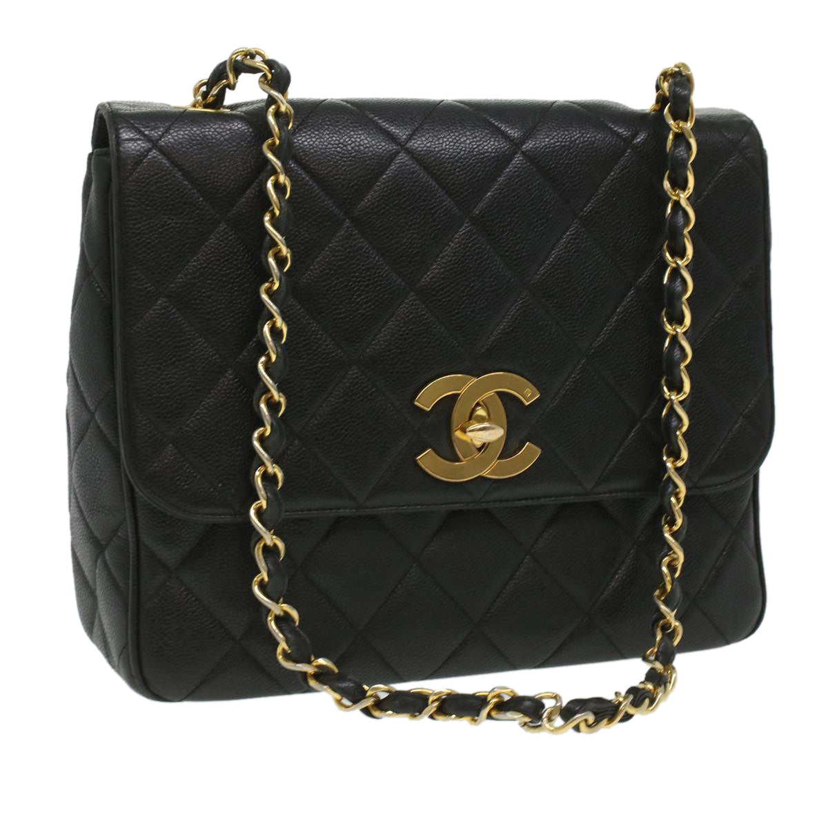 Luxury Chanel Big Matelasse Turn Lock Shoulder Bag Caviar Skin Black CC  32155A
