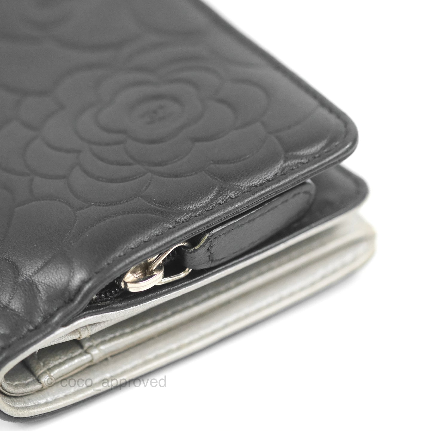 Chanel Wallet Black Camellia Embossed Lambskin Silver Hardware