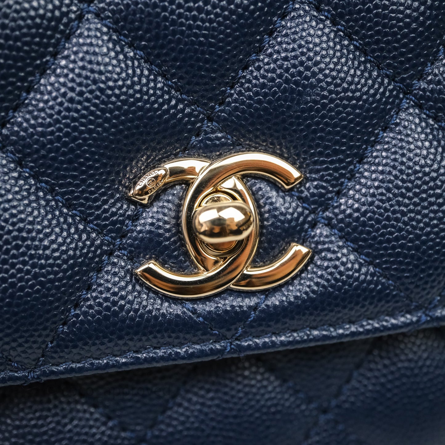 Chanel Small Coco Handle Navy Caviar Gold Hardware Lizard Handle