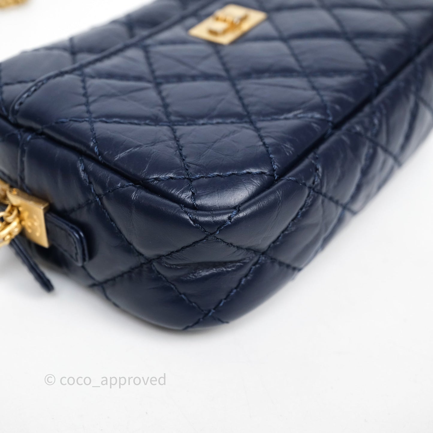 Chanel Quilted Mini Reissue Camera Case Navy Aged Calfskin Aged Gold Hardware