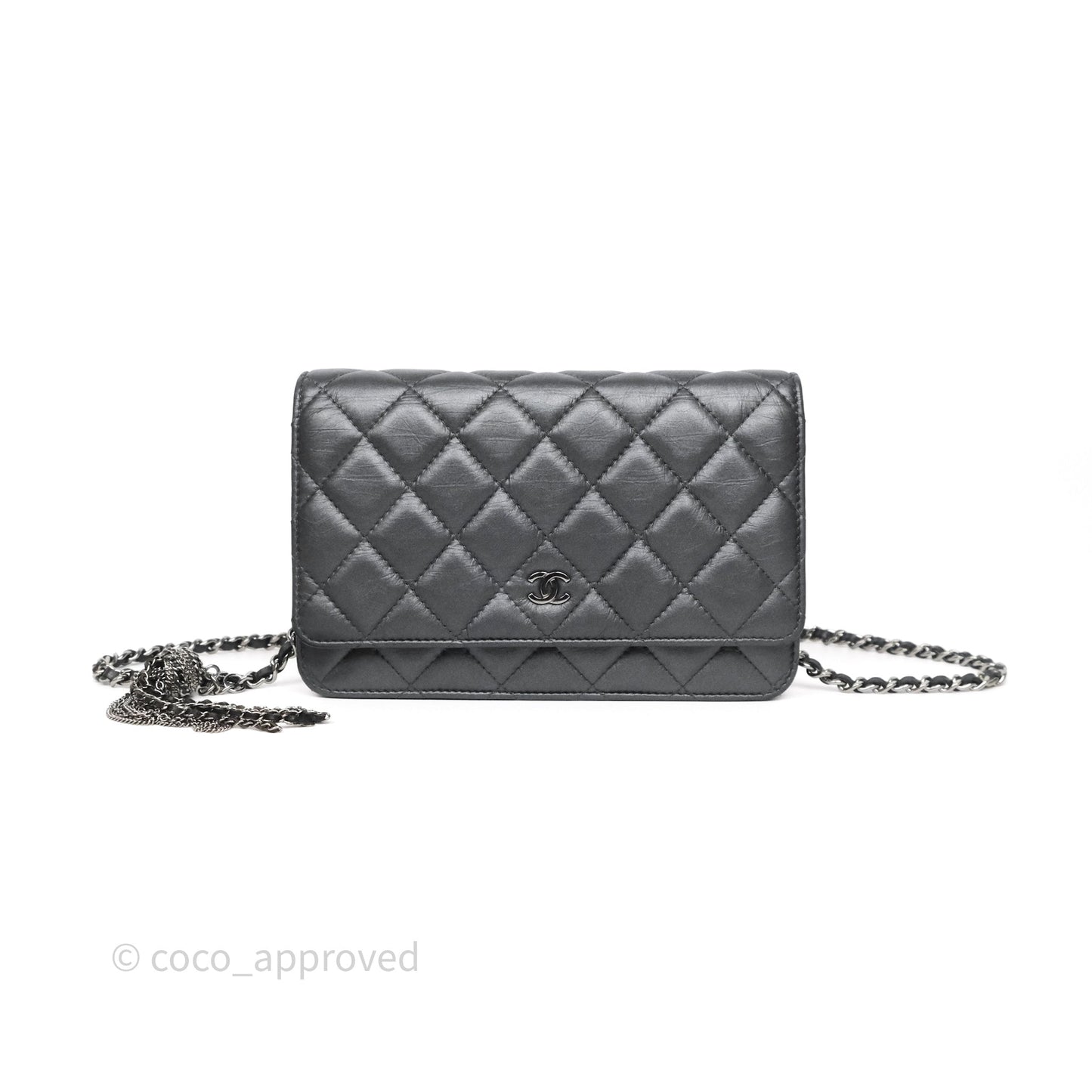 Chanel Tassel Charm Wallet On Chain WOC Iridescent Dark Silver Aged Calfskin