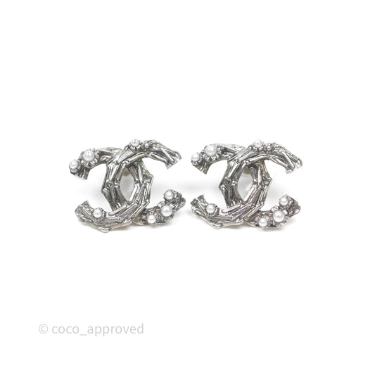 Chanel CC Pearl Earrings Ruthenium Tone 14P