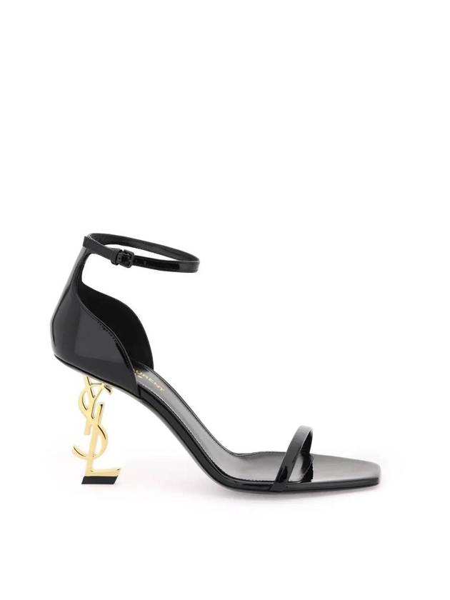 Luxury Saint Laurent Opium Gold YSL Logo Open Toe Sandal Heels Black
