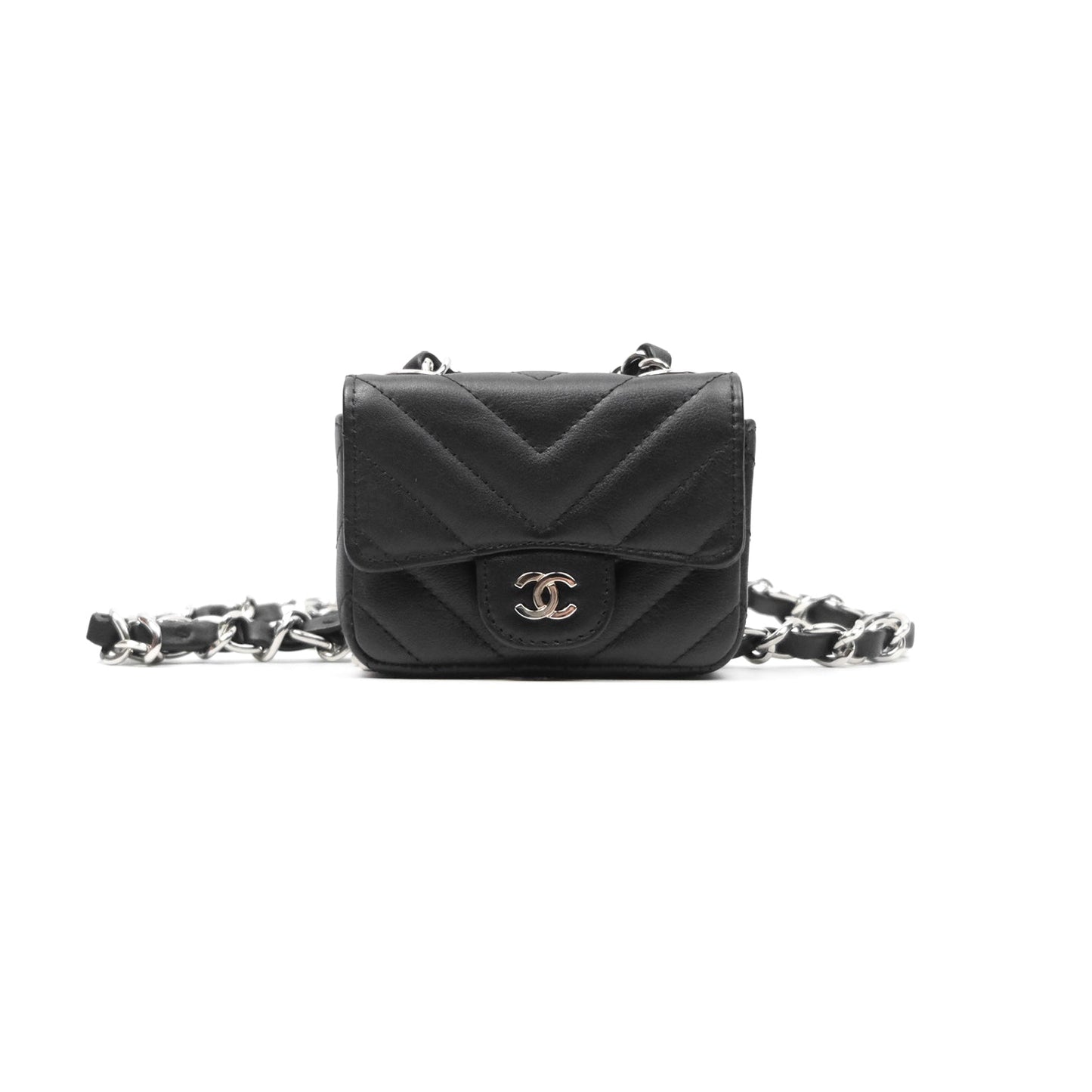 Chanel Mini Card Holder Chain Belt Bag Chevron Black Calfskin Silver Hardware