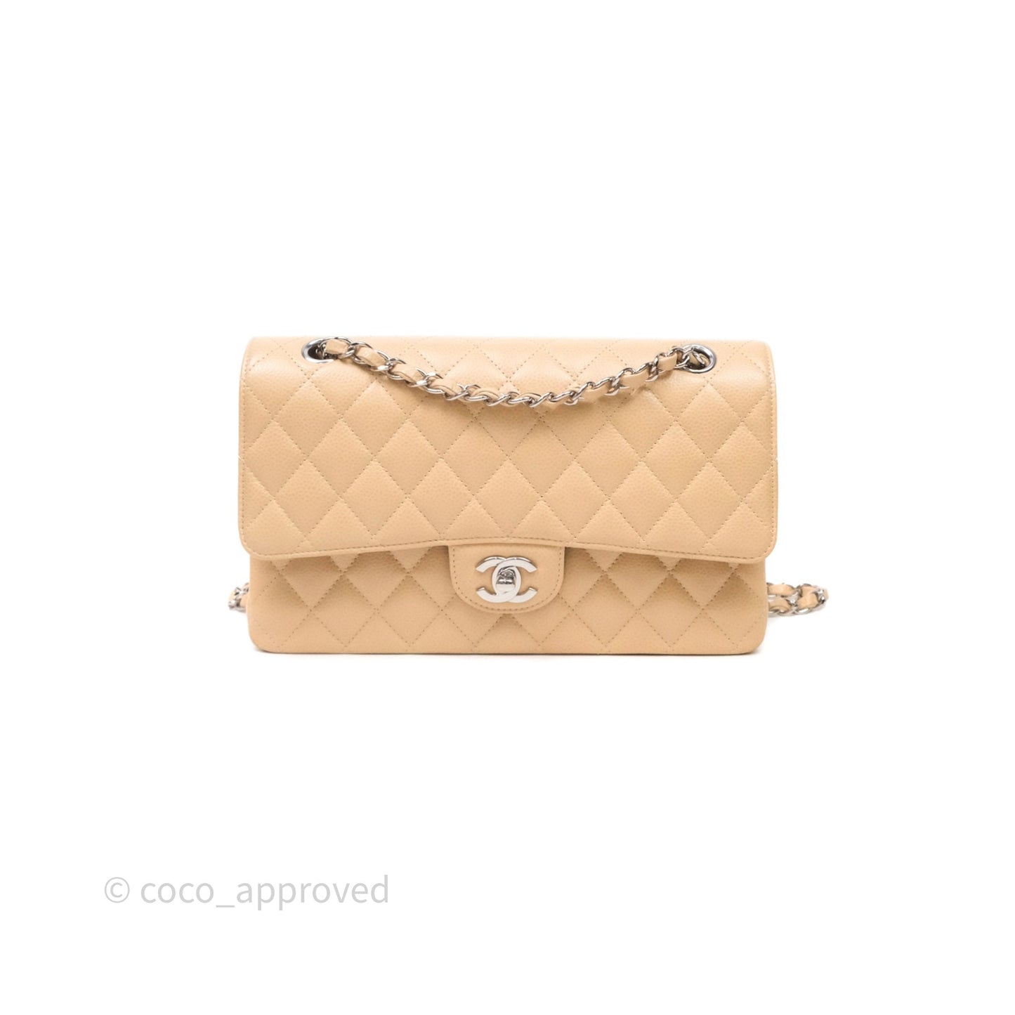 Chanel Classic M/L Medium Flap Quilted Beige Caviar Silver Hardware