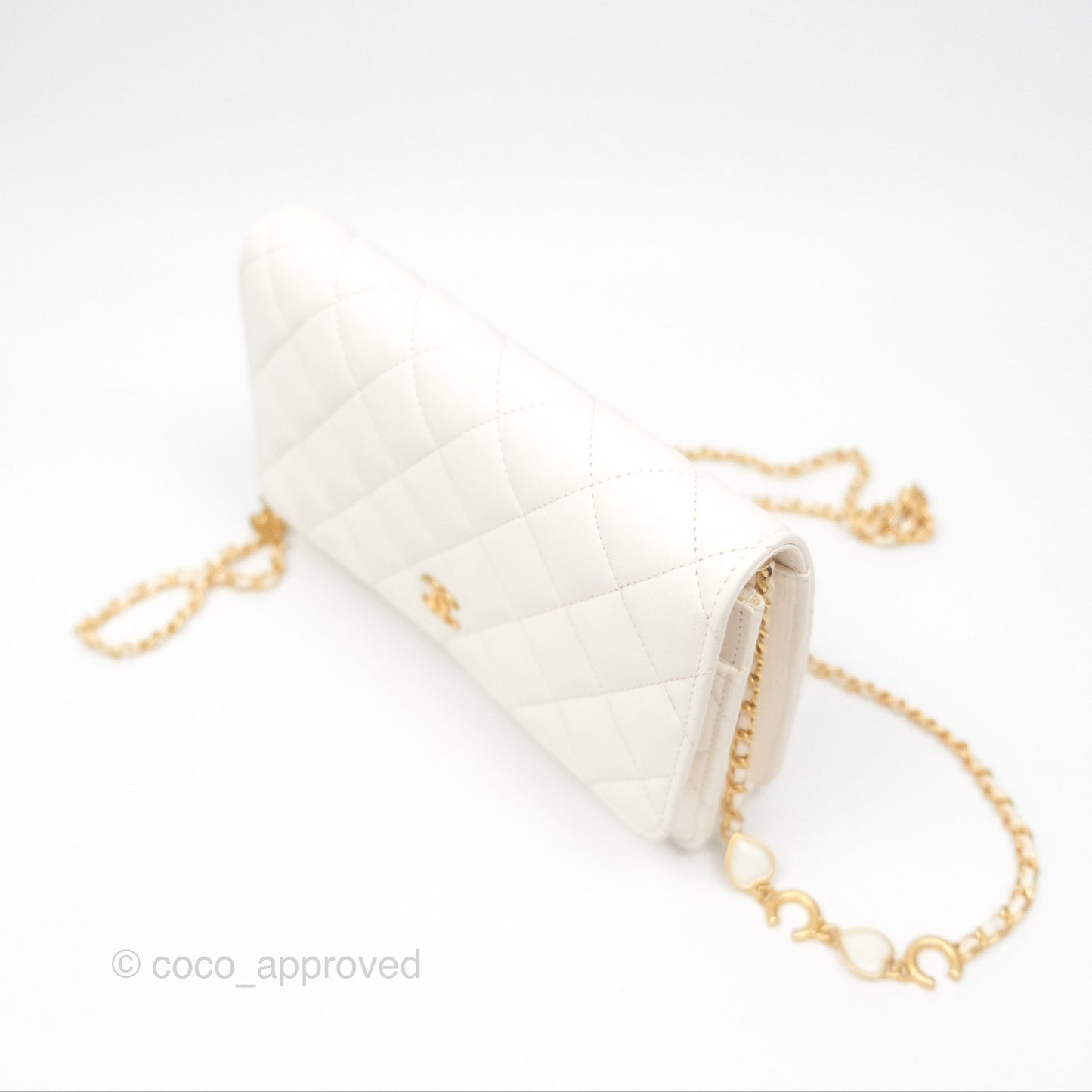 Chanel Quilted Wallet on Chain WOC Coco Heart Chain White Lambskin Aged Gold Hardware 22K