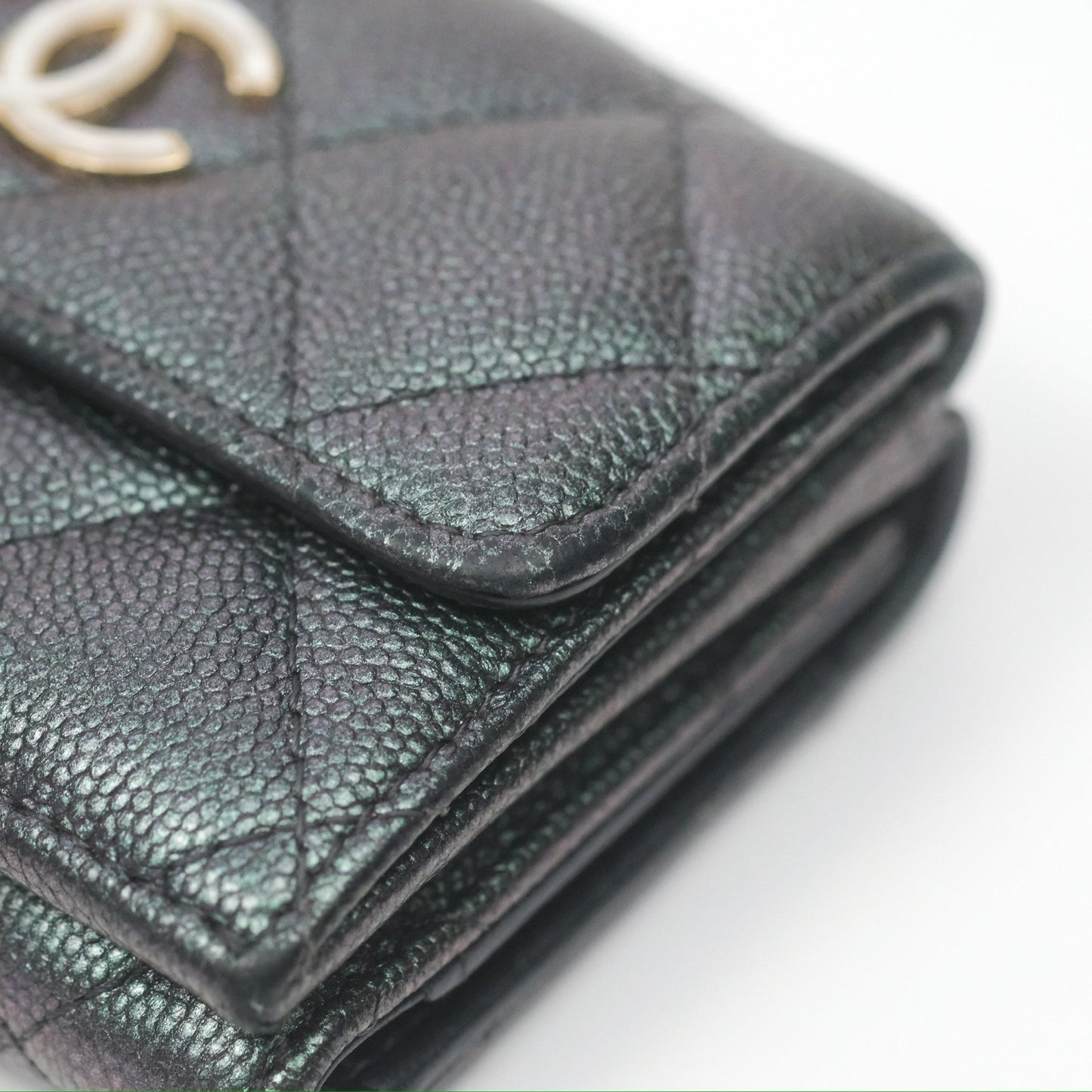 Chanel Quilted White CC Short Wallet Iridescent Green Purple Gold Hardware