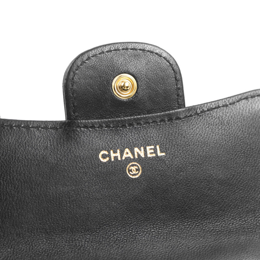 Chanel Mini Handle Flap Coin Purse With Chain Black Lambskin Gold Hardware