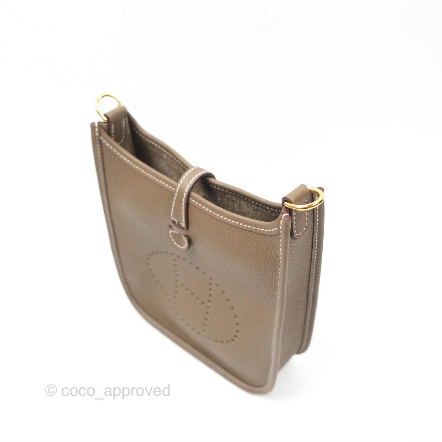 Hermès Mini Evelyne Etoupe Clemence Gold Hardware with Bleu Indigo Strap
