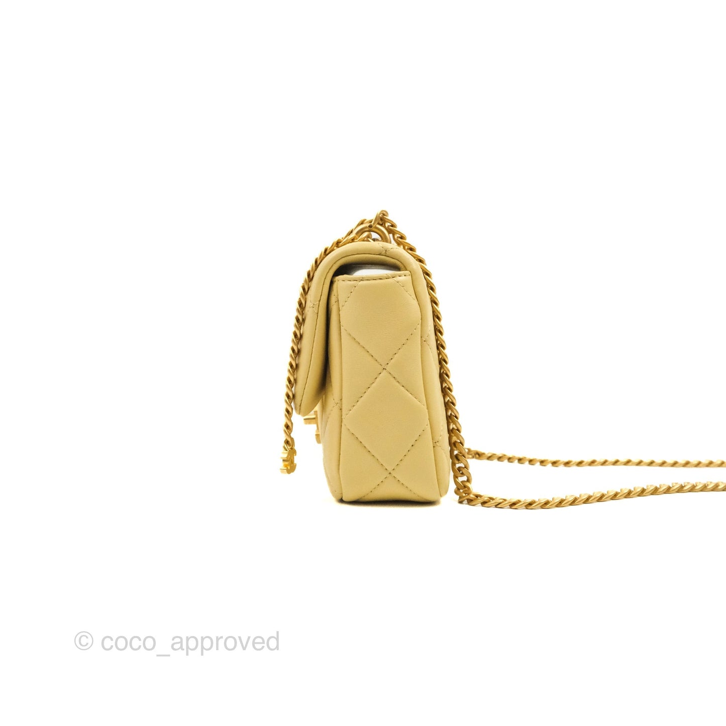 Chanel Enamel Quilted Pending CC Mini Square Flap Yellow Lambskin Aged Gold Hardware 22P