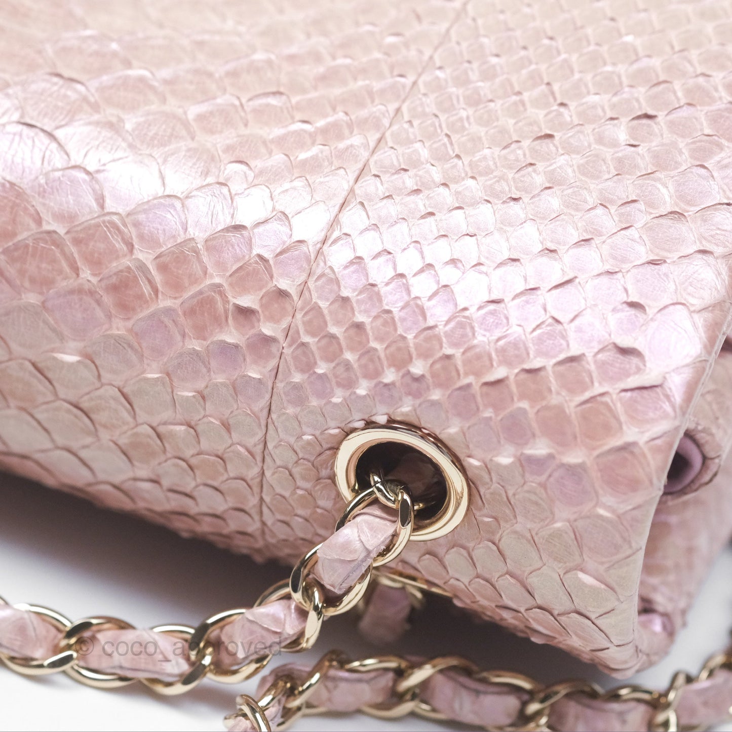 Chanel Classic M/L Medium Flap Quilted Iridescent Pink Python Gold Hardware