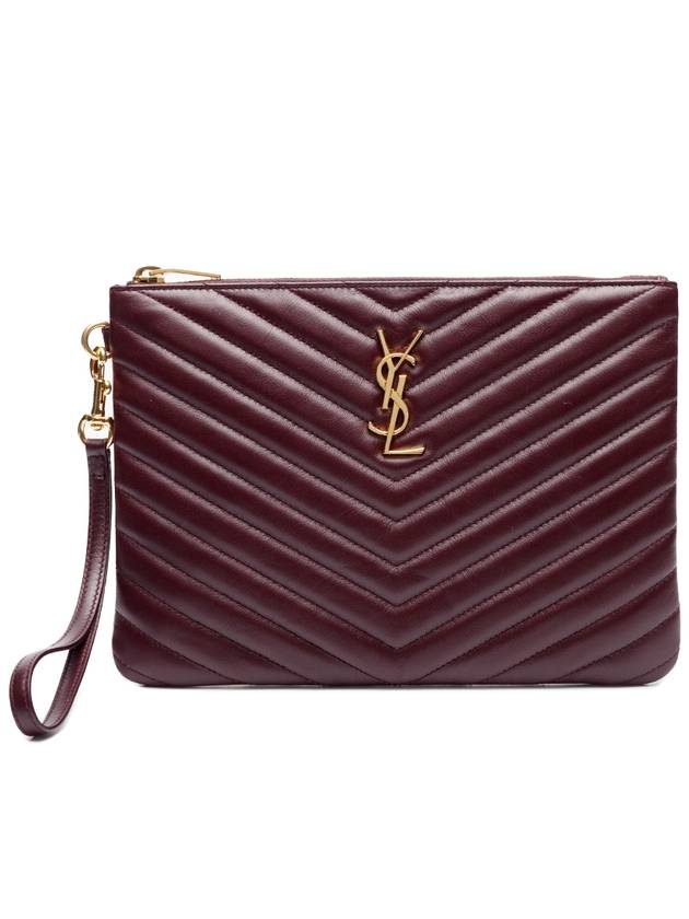 Luxury Saint Laurent Matelasse Monogram Logo Strap Clutch Bag Burgundy