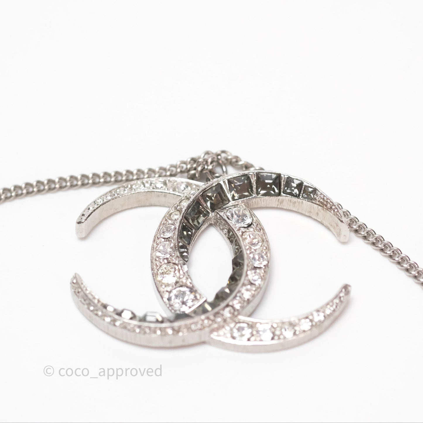 Chanel Crystal CC Long Necklace Silver Tone 15C