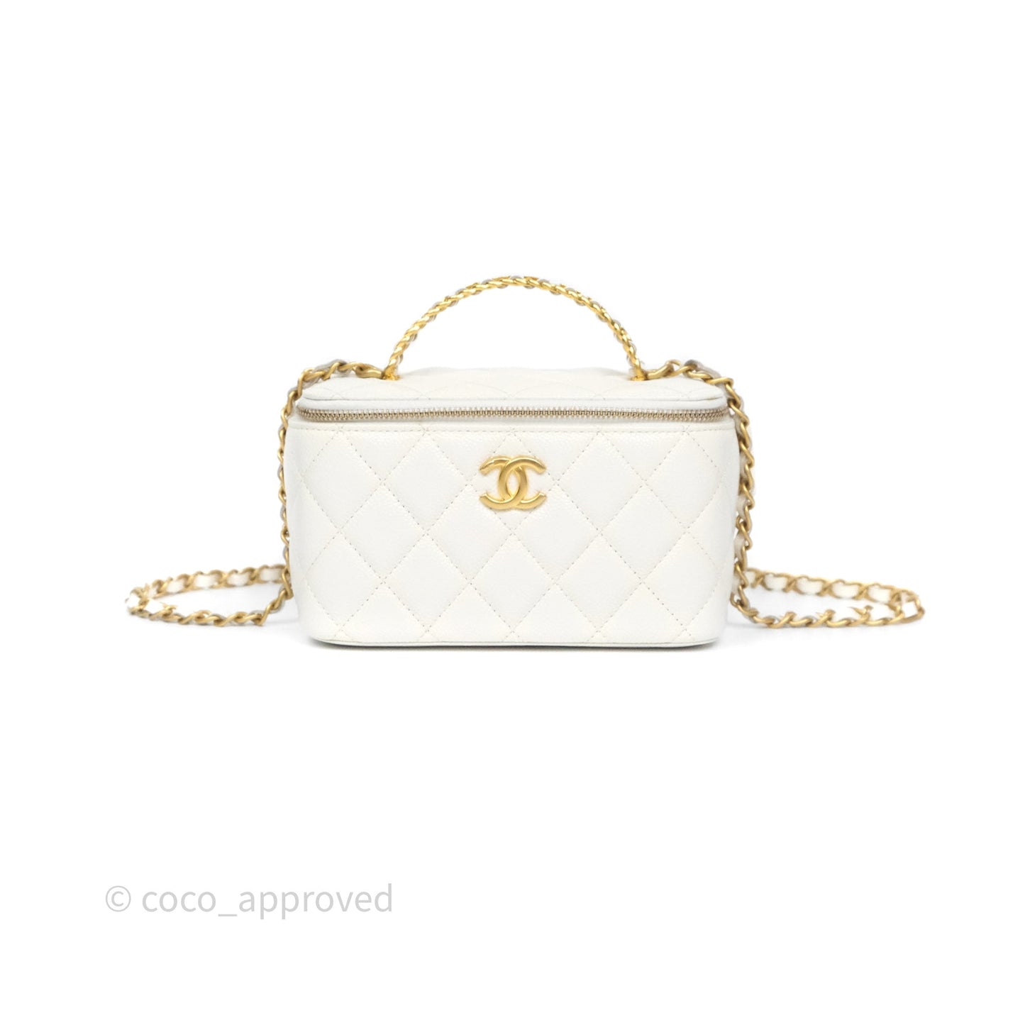 Chanel Logo Top Handle Vanity Rectangular White Caviar Aged Gold Hardware
