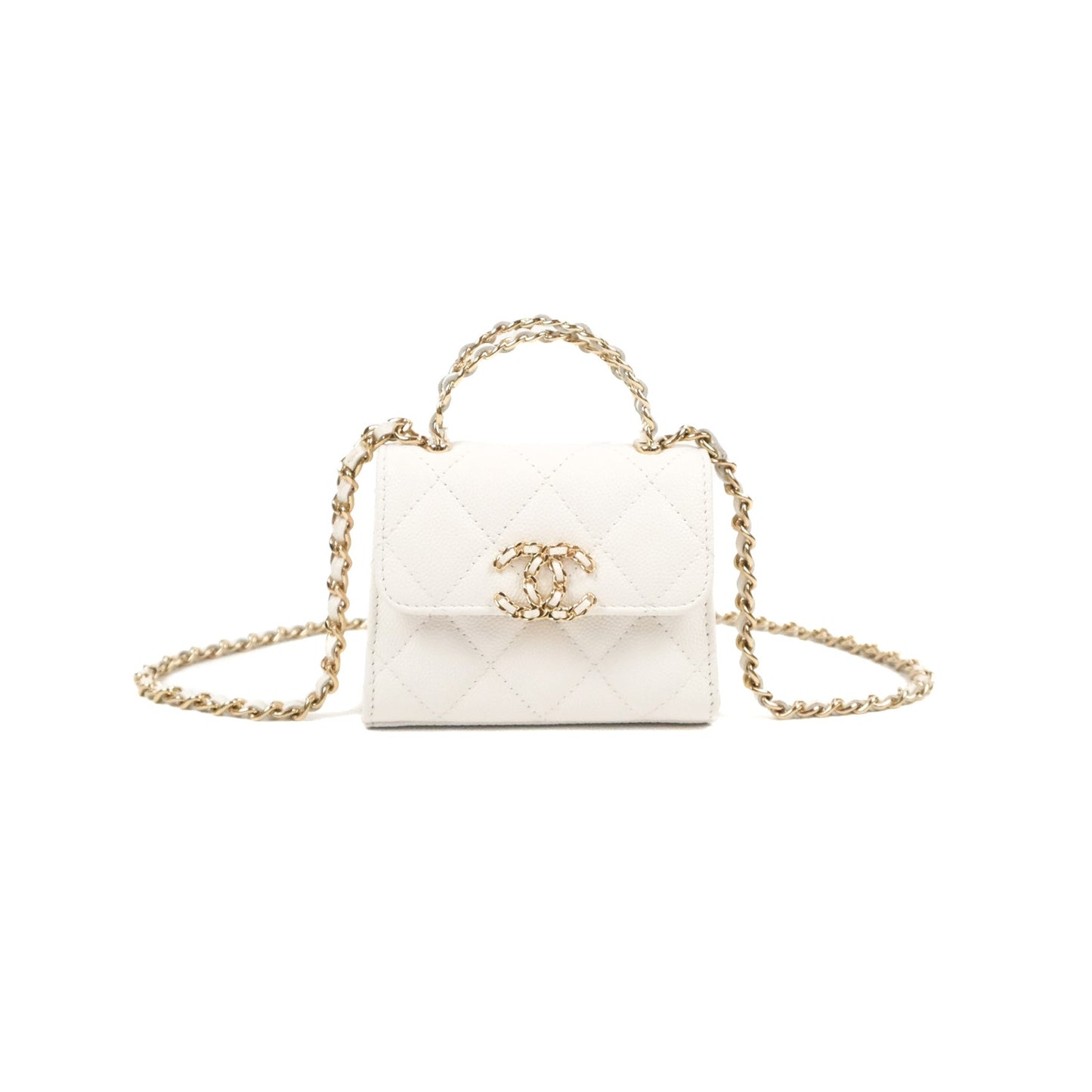 Chanel Mini Top Handle Clutch with Chain White Caviar Light Gold Hardware 23P