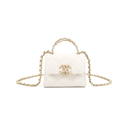 Chanel Mini Top Handle Clutch with Chain White Caviar Light Gold Hardware 23P