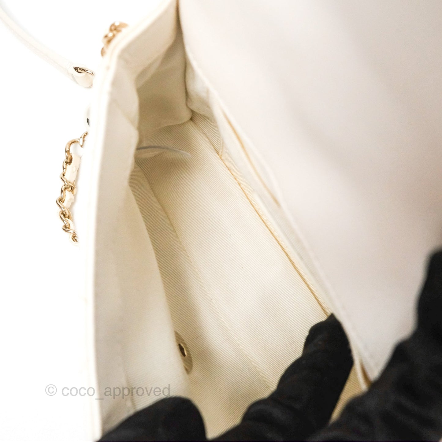 Chanel Small Logo Pearl Chain Flap Bag White Lambskin Gold Hardware