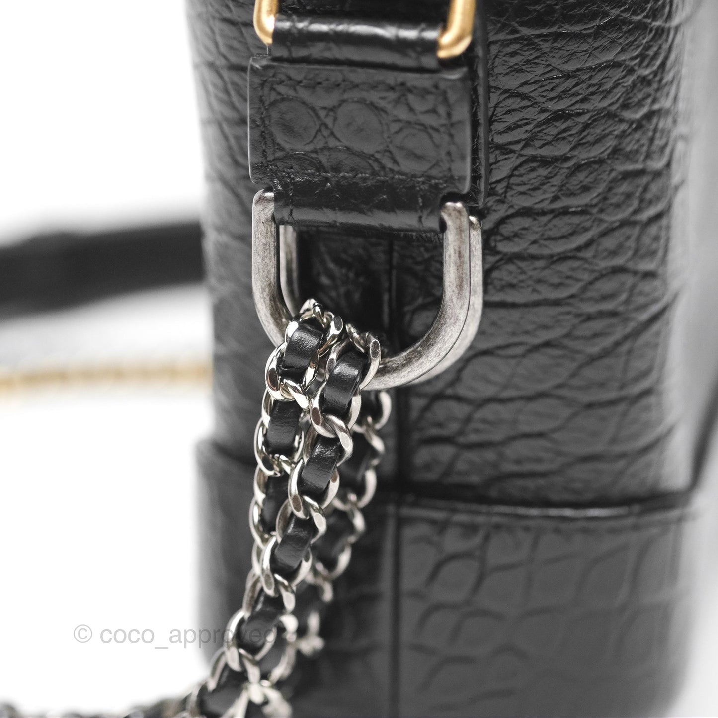 Chanel Small Gabrielle Hobo with Logo Handle Quilted Black Croc Embossed Calfskin