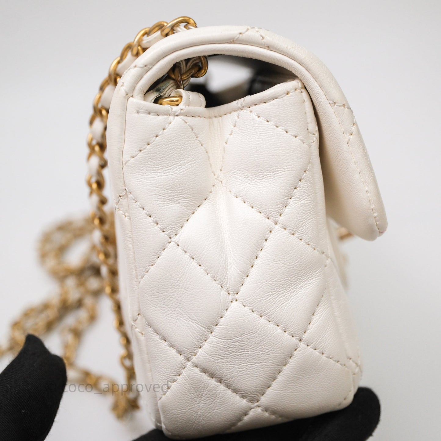 Chanel Mini Rectangular Pearl Crush Quilted White Lambskin Aged Gold Hardware