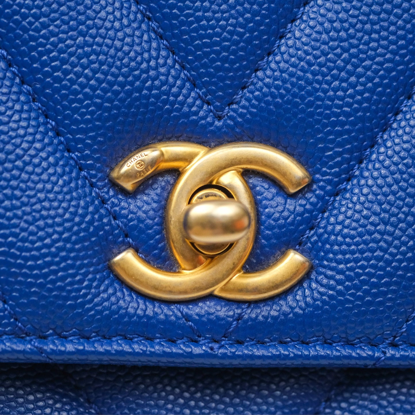 Chanel Small Coco Handle Chevron Blue Caviar Aged Gold Hardware