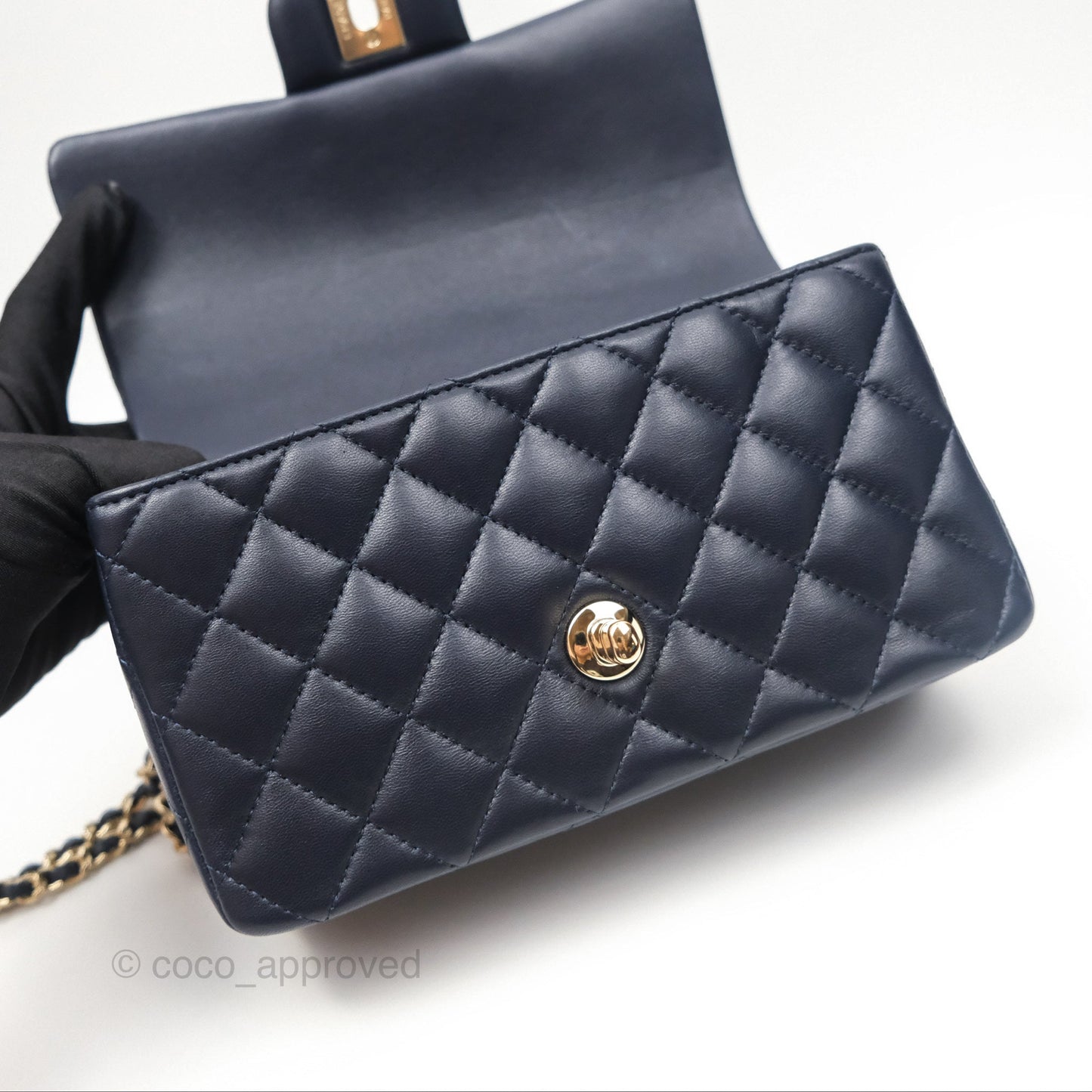 Chanel Top Handle Mini Rectangular Flap Bag Navy Lambskin Gold Hardware
