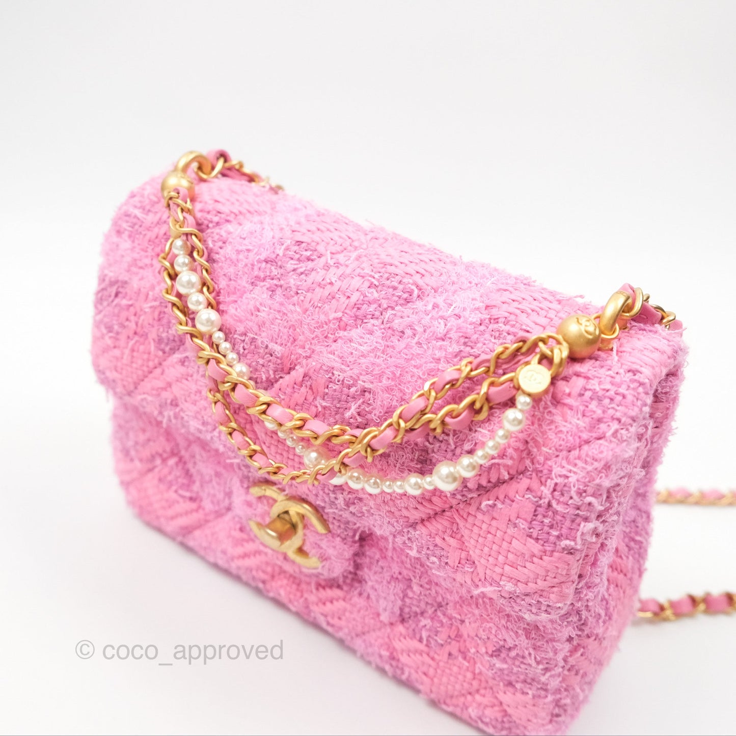 Chanel Mini Flap Bag with Pearl Chain Pink Tweed Aged Gold Hardware