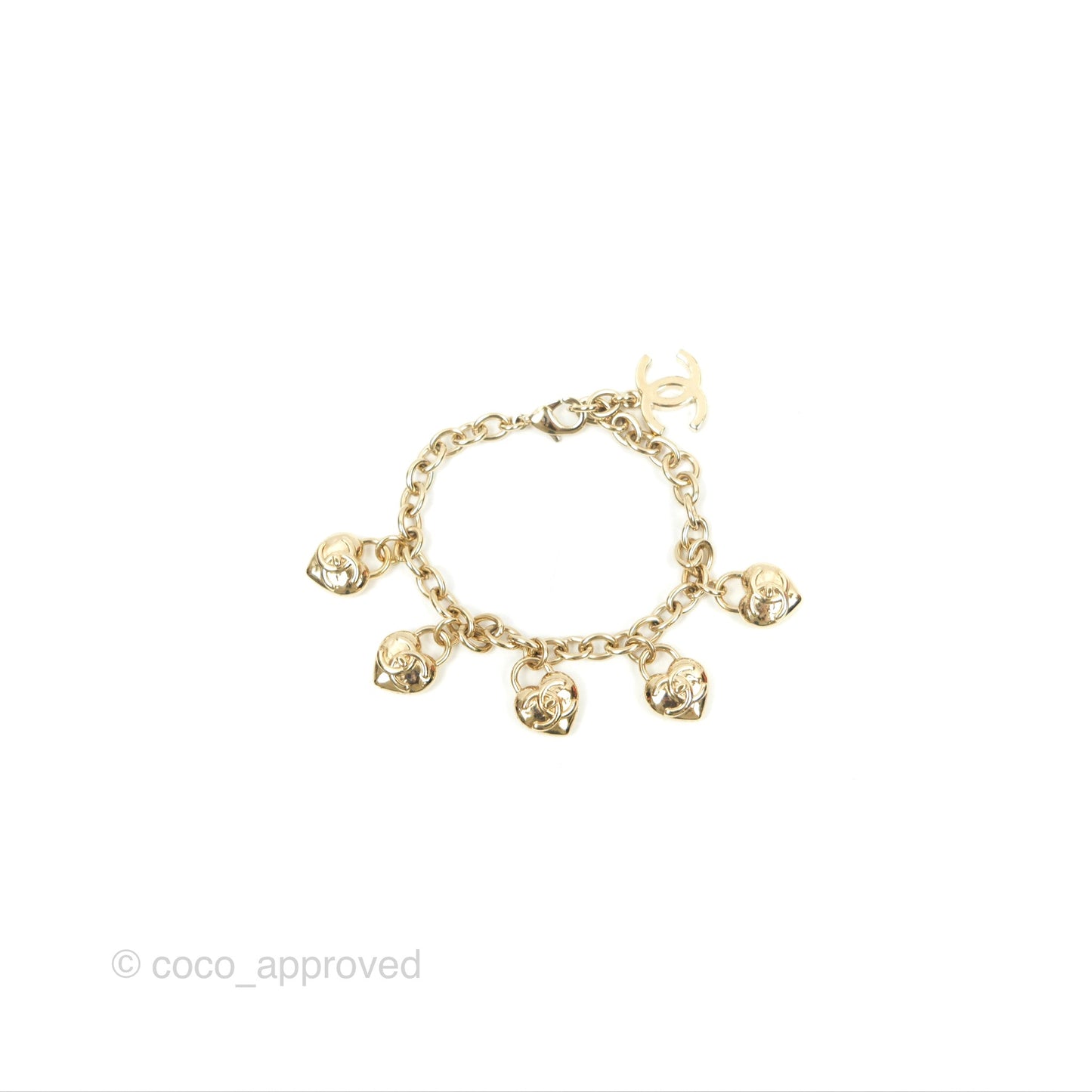 Chanel CC Heart Padlock Charms Chain Bracelet Gold Tone 22B