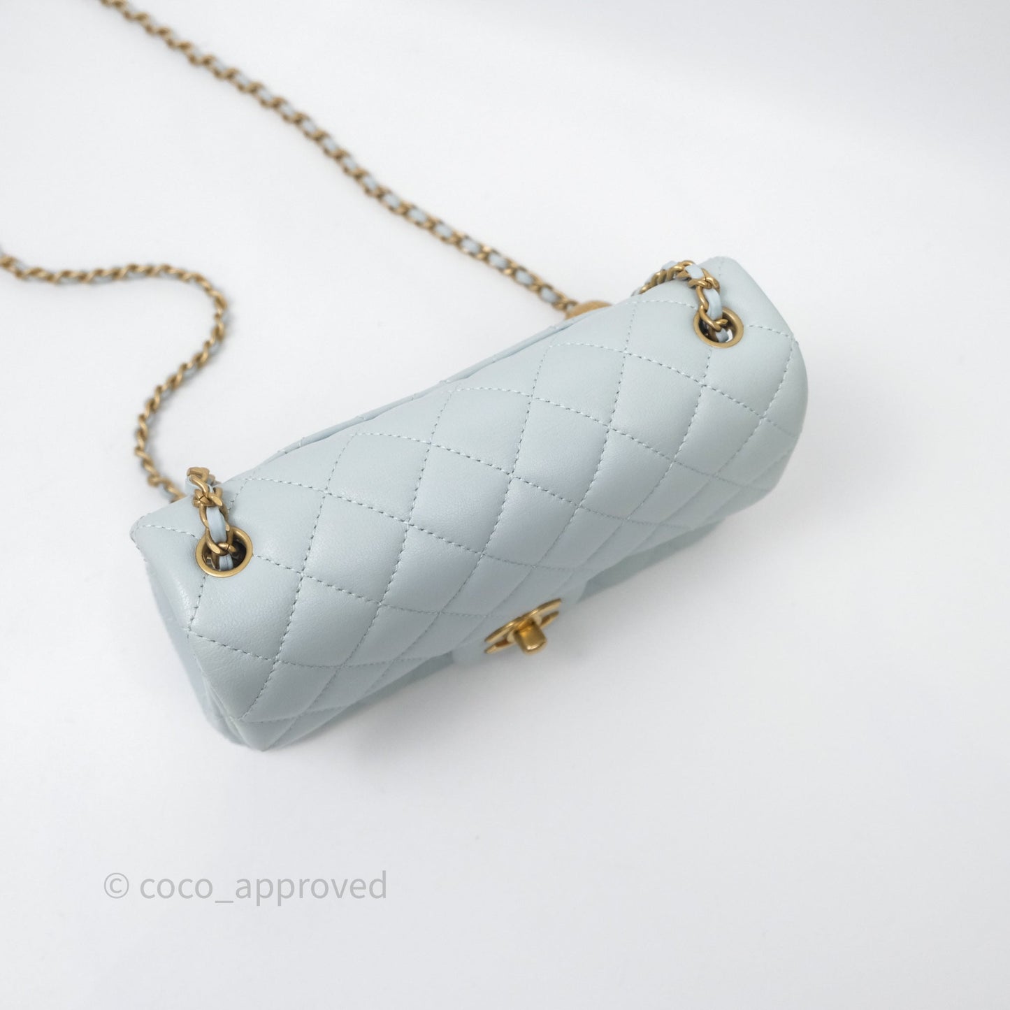 Chanel Pearl Crush Mini Rectangular Light Blue Lambskin Aged Gold Hardware
