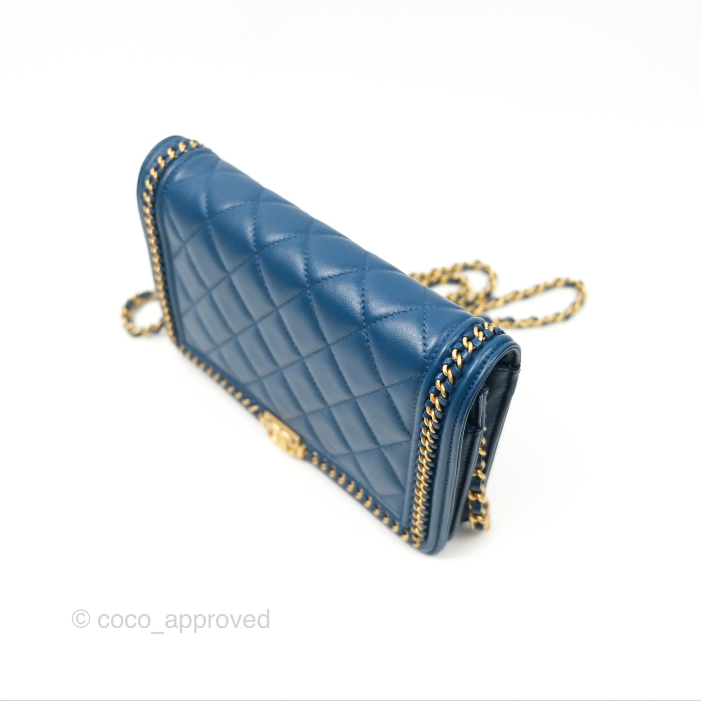 Chanel Quilted Boy Wallet on Chain WOC Blue Calfskin Aged Gold Hardware