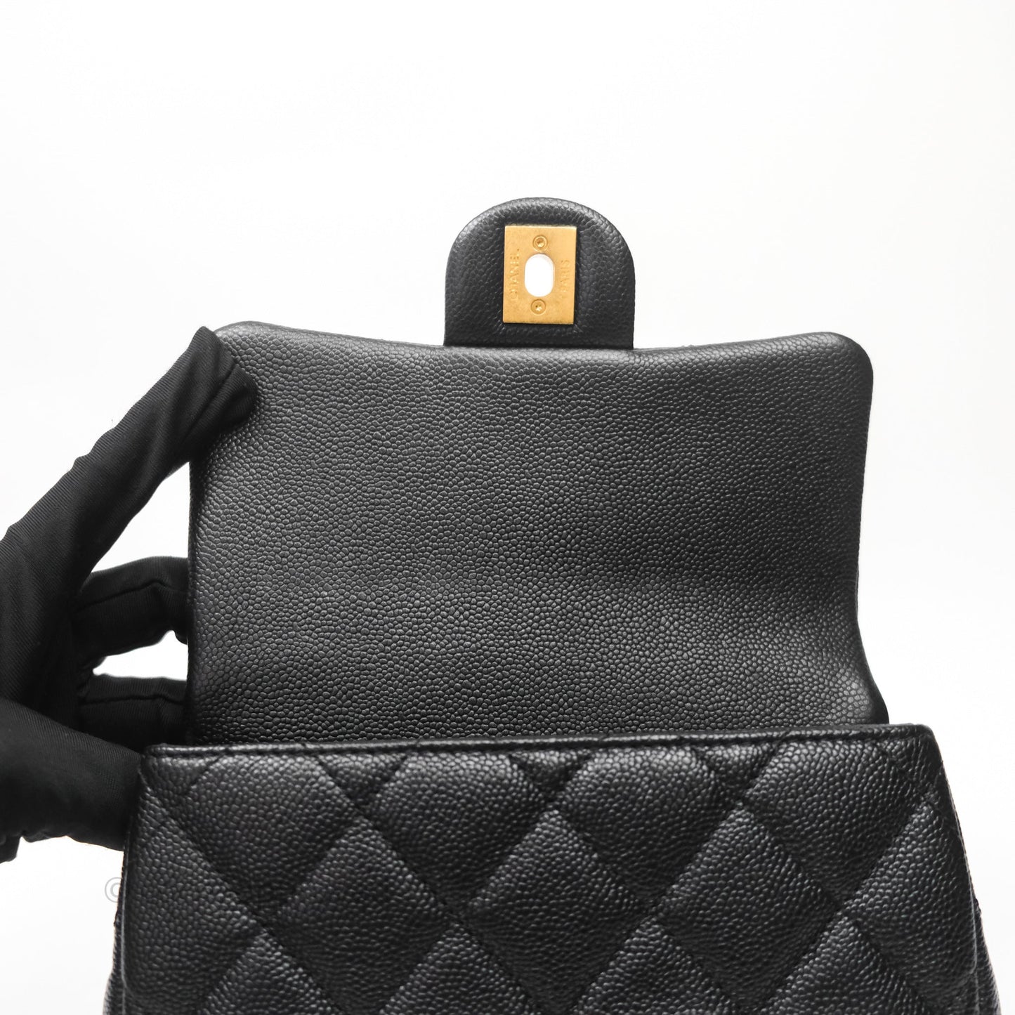 Chanel Mini Flap Bag Heart Adjustable Chain Black Caviar Aged Gold Hardware