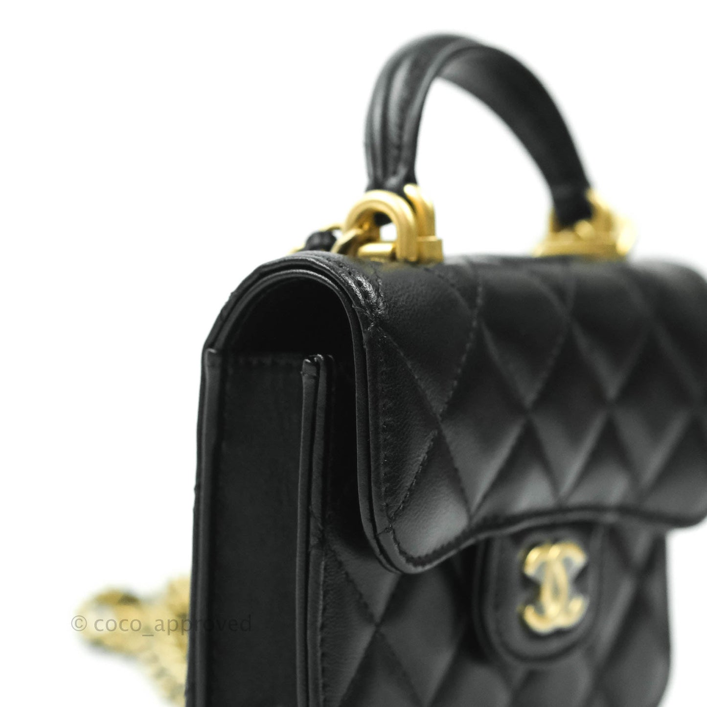 Chanel Mini Handle Flap Coin Purse With Chain Black Lambskin Gold Hardware