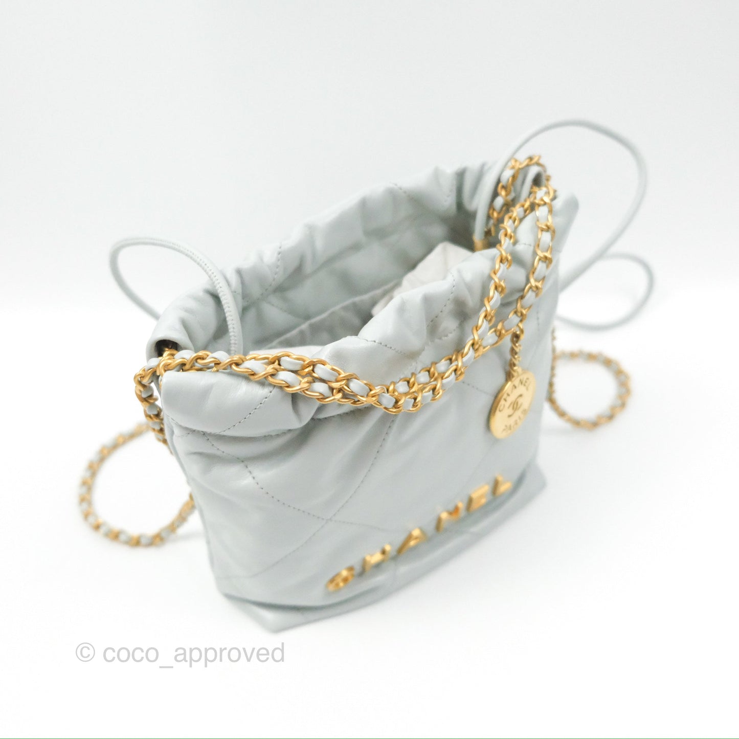 Chanel 22 Mini Bag Light Blue Grey Shiny Calfskin