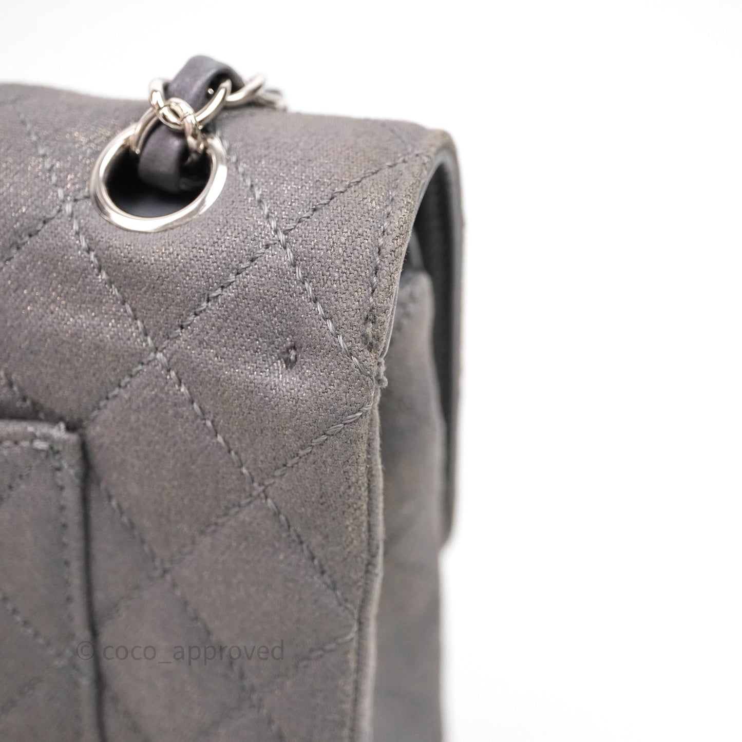 Chanel Classic M/L Medium Flap Quilted Iridescent Metallic Grey Canvas Silver Hardware