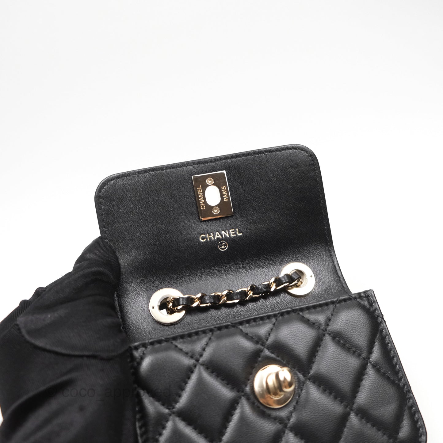 Chanel Mini Quilted Trendy CC Card Holder With Chain Black Lambskin Gold Hardware