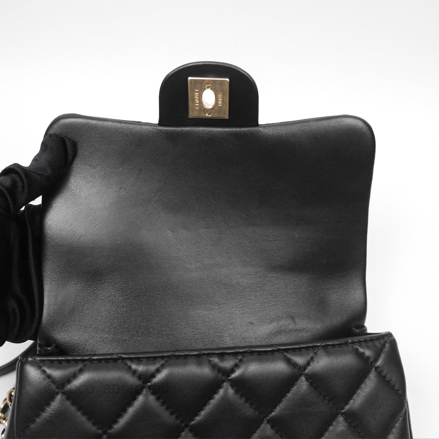Chanel Logo Pearl Chain Flap Bag Black Lambskin Gold Hardware
