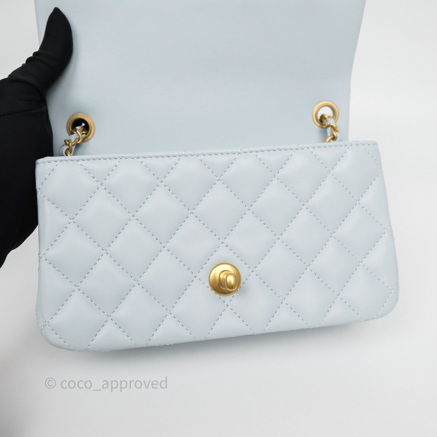 Chanel Pearl Crush Mini Rectangular Light Blue Lambskin Aged Gold Hardware